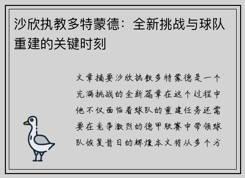 沙欣执教多特蒙德：全新挑战与球队重建的关键时刻