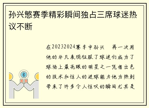 孙兴慜赛季精彩瞬间独占三席球迷热议不断