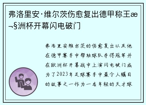 弗洛里安·维尔茨伤愈复出德甲称王欧洲杯开幕闪电破门